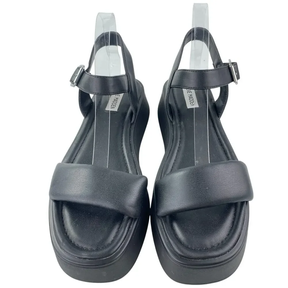 Steve Madden Dubai Womens Black Leather Ankle Strap Open Toe Platform Sandals 10